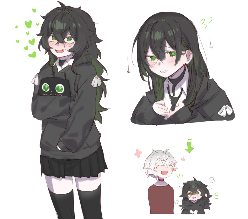 1boy, 1girl, bird, black_hair, black_jacket, black_skirt, black_thighhighs, blush, choker, commentary_request, degrees_of_lewdity, english_commentary, green_eyes, green_hair, heart, highres, jacket, kai10, kylar_(degrees_of_lewdity), multicolored_hair, necktie, player_character_(degrees_of_lewdity), skirt, stuffed_animal, stuffed_toy, sweat, thigh-highs, two-tone_hair