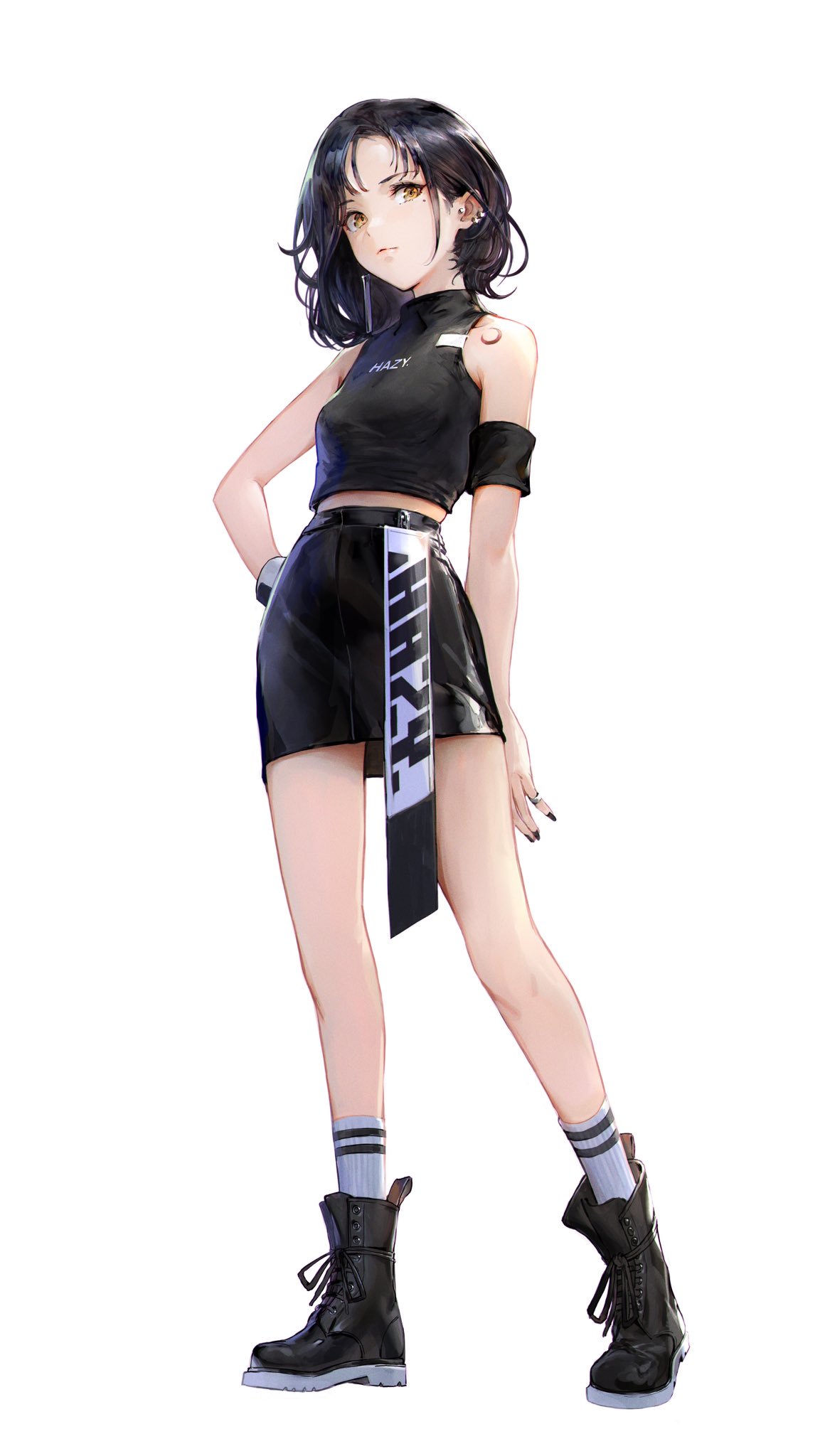 1girl, ankle_socks, armband, bare_shoulders, black_armband, black_footwear, black_hair, black_nails