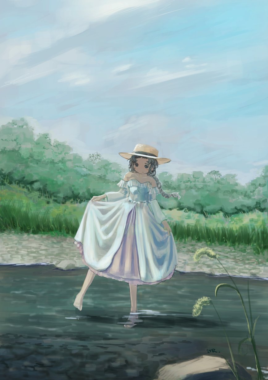 1girl, 5afvb, bare_shoulders, barefoot, black_eyes, braid, braided_ponytail, cattail
