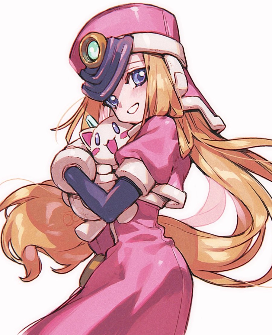 1girl, blonde_hair, blue_eyes, coat, cowboy_shot, fumfum491, hat, holding, holding_stuffed_toy, long_hair, looking_at_viewer, mega_man_(series), mega_man_zx, pink_coat, pink_hat, prairie_(mega_man), simple_background, smile, solo, stuffed_animal, stuffed_cat, stuffed_toy, teeth, white_background