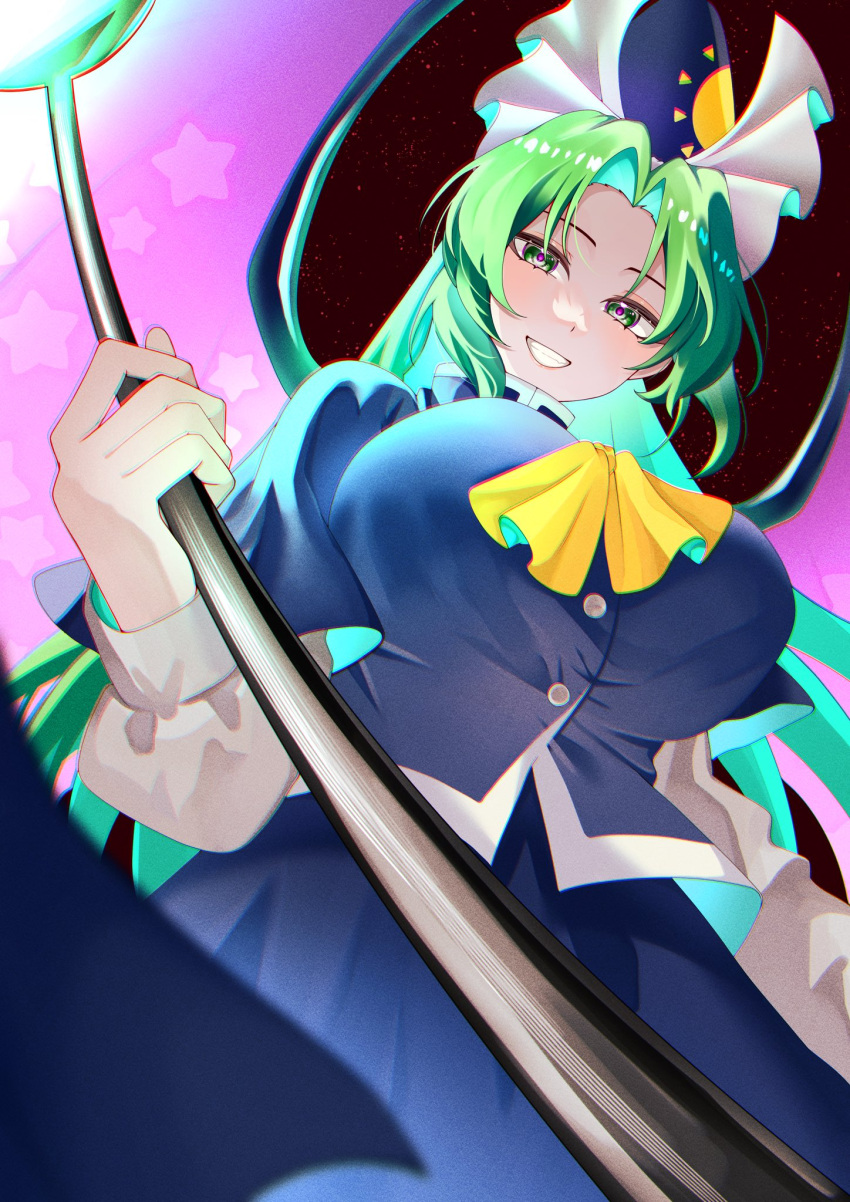 1girl, 22_zefar, ascot, black_background, blue_capelet, blue_hat, blue_shirt, blue_skirt