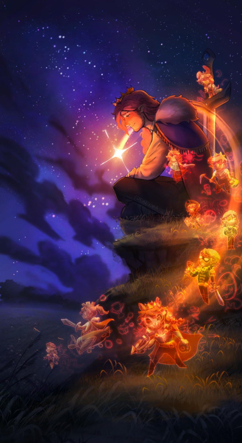 6+boys, animal_ears, black_pants, cape, chibi, chibi_inset, clouds, commentary