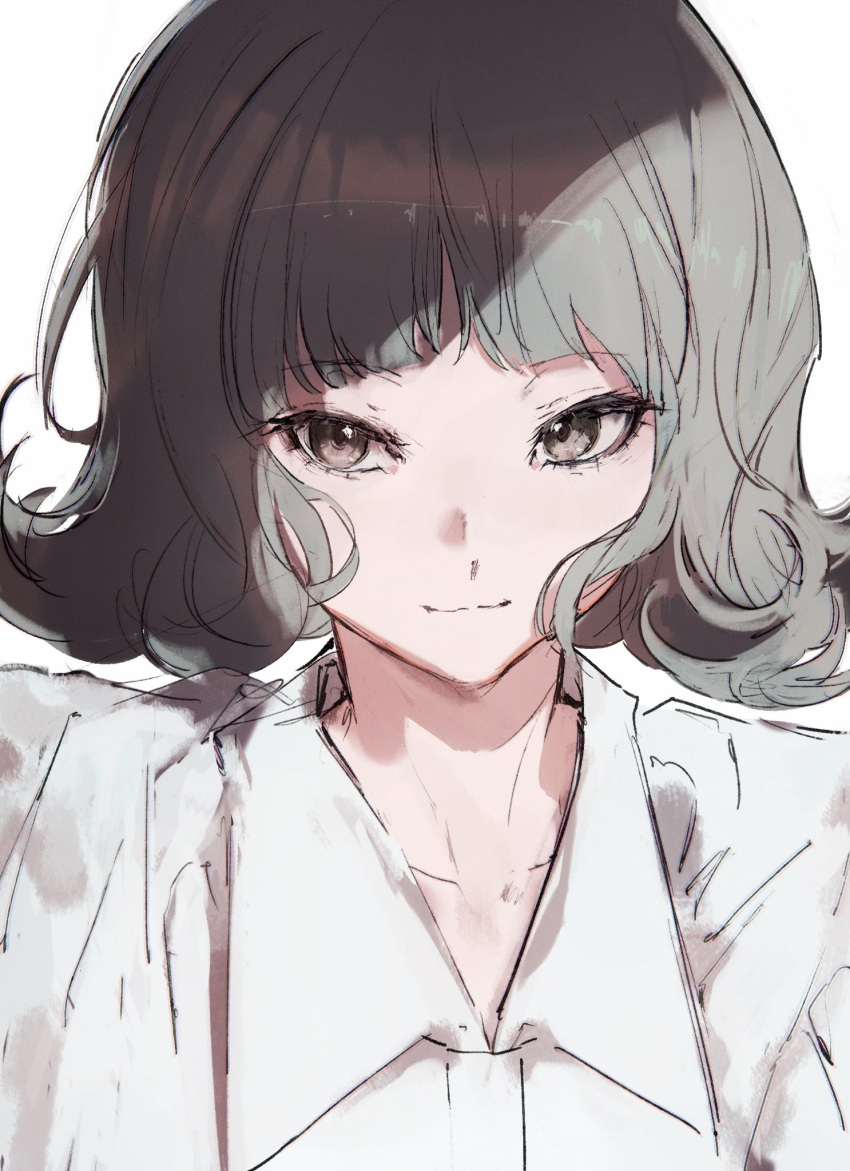 1girl, closed_mouth, curly_hair, grey_eyes, grey_hair, highres, moku_(muooku), monogatari_(series), nademonogatari, oikura_sodachi, shirt, short_hair, smile, solo, white_background, white_shirt