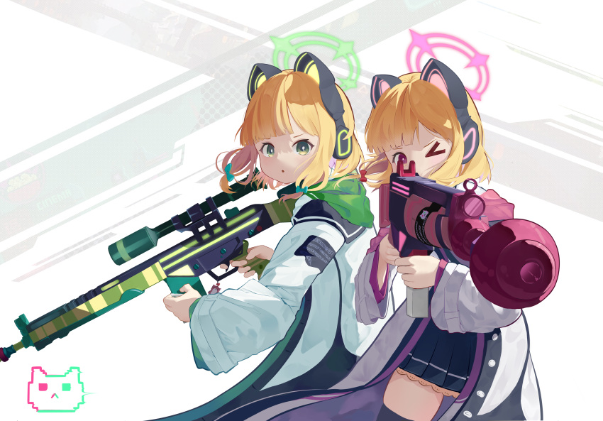 2girls, absurdres, aiming, aiming_at_viewer, animal_ear_headphones, animal_ears, bing_nuan_nuan, black_skirt