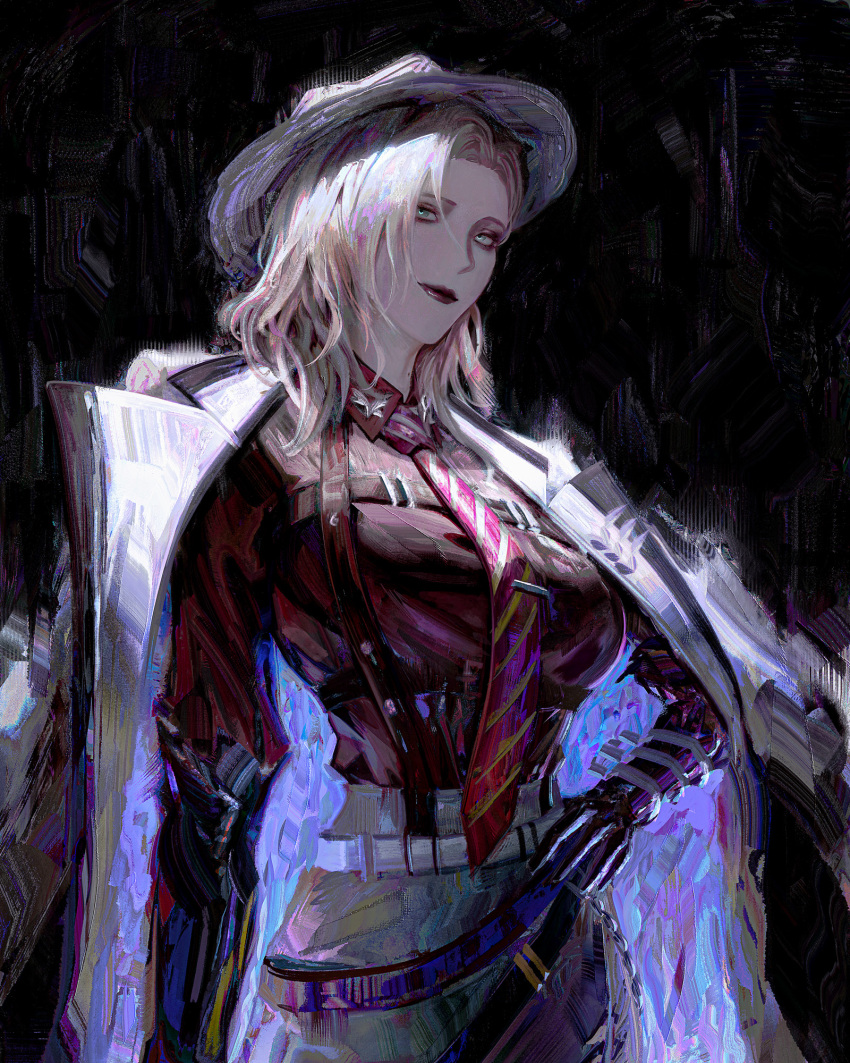 1girl, belt, black_background, black_gloves, black_lips, blonde_hair, breasts, chest_harness