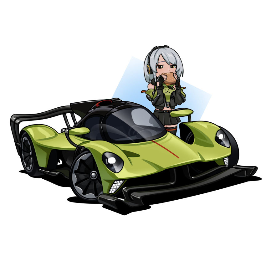 1girl, absurdres, anby_demara, arhentol, aston_martin, aston_martin_valkyrie, black_gloves, black_skirt, black_sleeves, braid, burger, car, cropped_jacket, detached_sleeves, eating, fingerless_gloves, food, food_in_mouth, gloves, green_car, green_jacket, green_sleeves, grey_hair, hands_up, headphones, highres, holding, holding_burger, holding_food, jacket, long_sleeves, miniskirt, motor_vehicle, multicolored_sleeves, pleated_skirt, puffy_long_sleeves, puffy_sleeves, race_vehicle, racecar, revision, short_hair, side_braid, simple_background, skirt, solo, standing, vehicle_focus, white_background, yellow_eyes, zenless_zone_zero, zettai_ryouiki