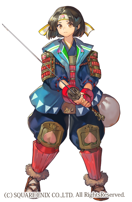 1boy, armor, bag, baggy_pants, black_hair, copyright_notice, grimms_notes, headband, holding, holding_sword, holding_weapon, kochimo, male_focus, momotarou_(grimms_notes), pants, sandals, short_hair, simple_background, socks, solo, sword, weapon, white_background, yellow_eyes