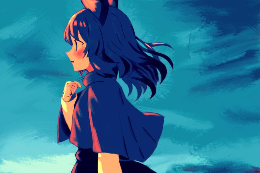 1girl, animal_ears, blue_eyes, blush, capelet, flandzen, holding, holding_jewelry, holding_necklace, jewelry, long_sleeves, looking_to_the_side, medium_hair, mouse_(animal), mouse_ears, nazrin, necklace, open_mouth, solo, touhou