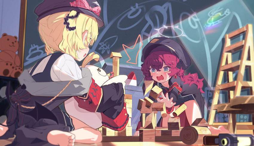 2girls, absurdres, all_fours, barefoot, bing_nuan_nuan, black_hair, black_jacket, blonde_hair
