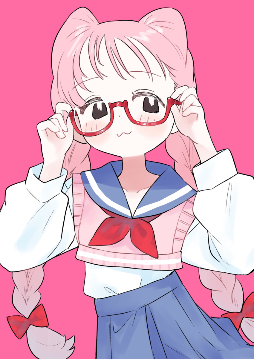 1girl, :3, adjusting_eyewear, black_eyes, blue_sailor_collar, blue_skirt, bow, braid