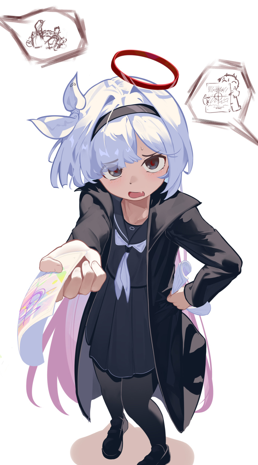 1girl, absurdres, bing_nuan_nuan, black_coat, black_eyes, black_footwear, black_hairband, black_serafuku, black_skirt, blue_archive, chinese_commentary, coat, colored_inner_hair, commentary_request, doodle_sensei_(blue_archive), fang, full_body, hair_ribbon, hairband, halo, hand_on_own_hip, highres, holding, holding_paper, loafers, long_hair, long_sleeves, multicolored_hair, neckerchief, open_clothes, open_coat, open_mouth, paper, pink_hair, plana_(blue_archive), pleated_skirt, reaching, reaching_towards_viewer, red_halo, ribbon, school_uniform, sensei_(blue_archive), serafuku, shoes, skin_fang, skirt, solo, spoken_character, standing, sweatdrop, very_long_hair, white_hair, white_neckerchief, white_ribbon
