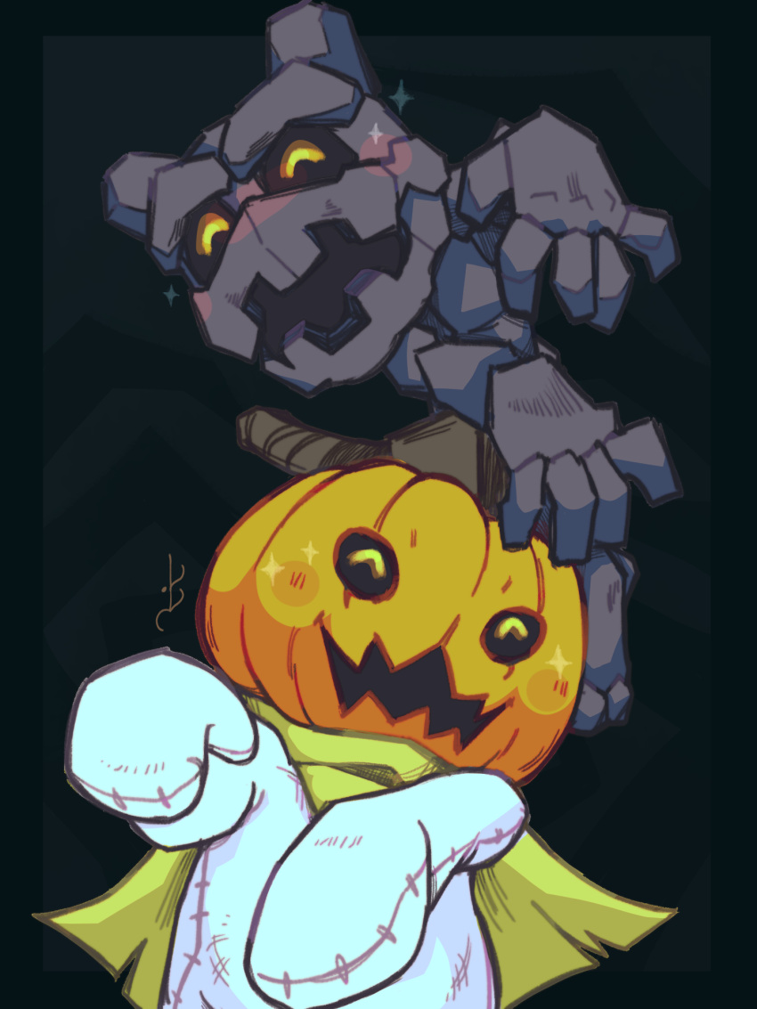 2others, cape, closed_eyes, creature, digimon, digimon_(creature), digimon_adventure, golem, gottsumon, halloween, happy, highres, multiple_others, psichopomp, pumpkin, pumpmon, rock