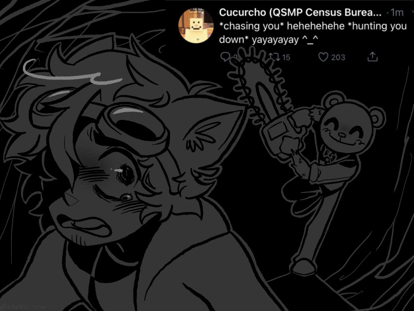 1boy, 1other, ^_^, ahoge, animal_ears, bear_ears, black_background, bow, bowtie, cat_boy, cat_ears, cellbit, chainsaw, closed_eyes, commentary, cucurucho, dark, english_commentary, english_text, furry, goggles, goggles_on_head, greyscale, highres, holding, holding_chainsaw, hood, hood_down, kemonomimi_mode, meme, minecraft, minecraft_youtube, monochrome, open_mouth, partially_shaded_face, quackity_smp, running, scared, screenshot_inset, short_hair, smallest-turnip, smile, social_network, tears, twitter, wide-eyed