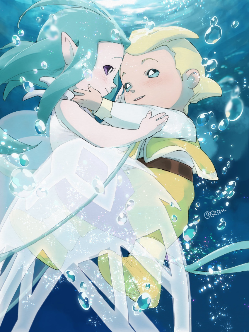 1boy, 1girl, antenna_hair, bare_arms, belt, blonde_hair, blue_eyes, blue_hair