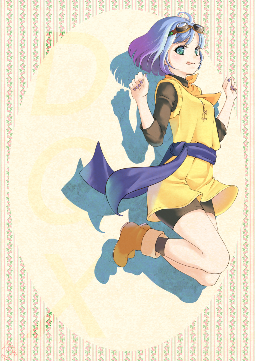 1girl, aqua_eyes, bike_shorts_under_skirt, black_shorts, blue_hair, blue_nails, blue_sash, blunt_bangs