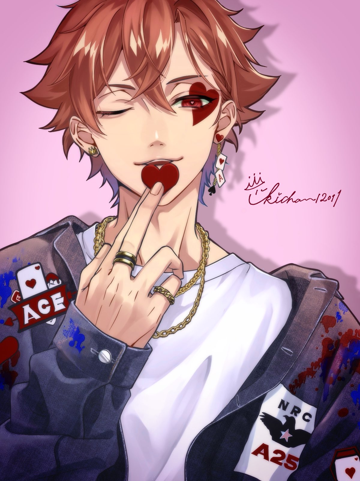 1boy, ace_trappola, artist_name, blue_jacket, chain, chain_earrings, chain_necklace, character_name