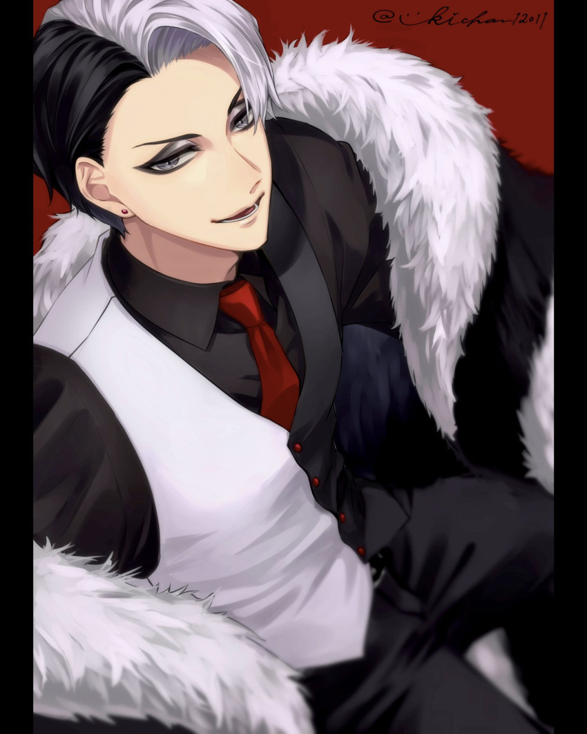 1boy, artist_name, black_coat, black_hair, black_pants, black_shirt, black_vest, blurry