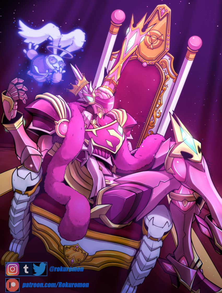 absurdres, armor, chest_jewel, crossed_legs, crown, digimon, digimon_(creature), feather_boa