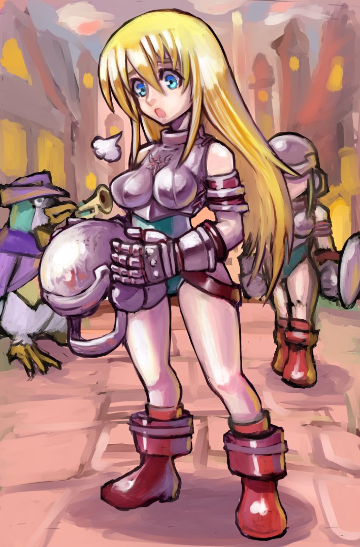 2girls, alexandrian_soldier, armor, blonde_hair, blue_eyes, boots, breastplate, breasts