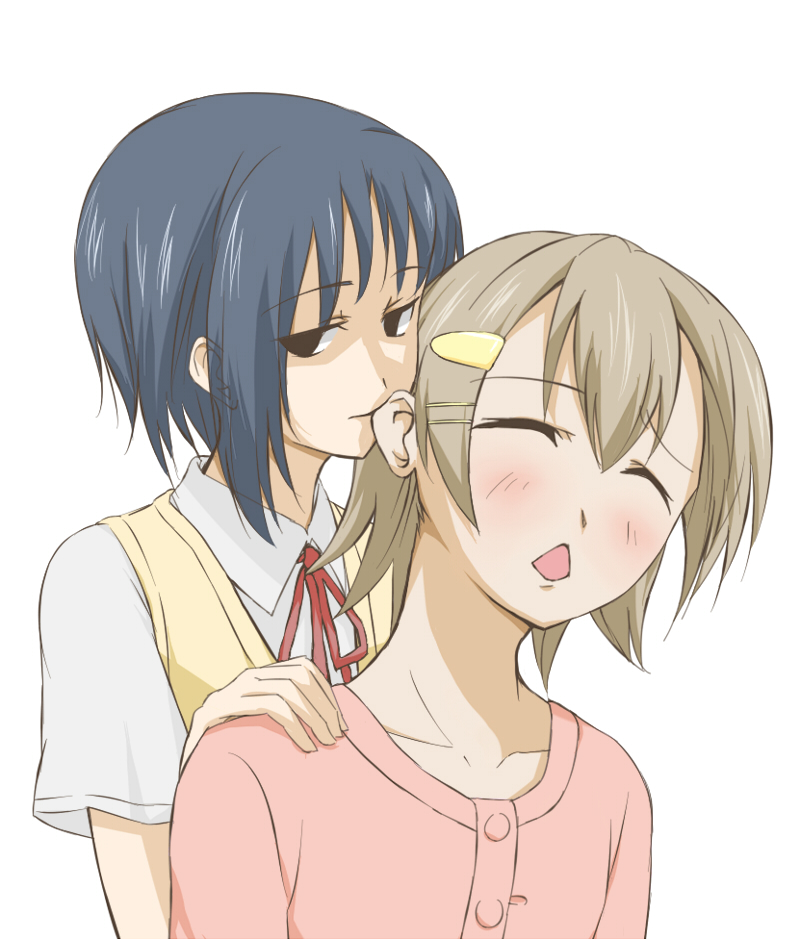 blue_hair, blush, brown_hair, crossdressinging, ear_biting, empty_eyes, hair_ornament, hairclip, hand_on_shoulder, iposi, mako-chan_(minami-ke), makoto_(minami-ke), minami-ke, open_mouth, school_uniform, short_hair, trap, yoshino_(minami-ke)