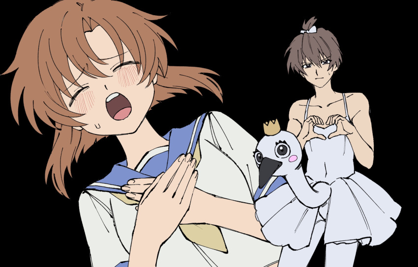1boy, 1girl, :o, bare_arms, black_background, blue_sailor_collar, blush, brown_eyes