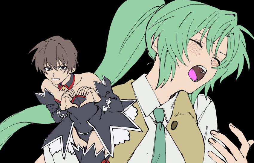 1boy, 1girl, angel_mort, black_background, black_choker, black_footwear, black_leotard, black_sleeves, boots, brown_eyes, brown_hair, brown_vest, choker, clenched_teeth, closed_eyes, collarbone, collared_shirt, crossdressing, detached_sleeves, floating_hair, green_hair, green_necktie, hair_between_eyes, heart, heart_hands, highres, higurashi_no_naku_koro_ni, leotard, long_hair, long_sleeves, lovestruck, maebara_keiichi, necktie, nishino_(fetv8484), open_clothes, open_mouth, open_vest, ponytail, shirt, short_hair, simple_background, sketch, sonozaki_mion, strapless, strapless_leotard, teeth, thigh_boots, very_long_hair, vest, white_shirt, wing_collar