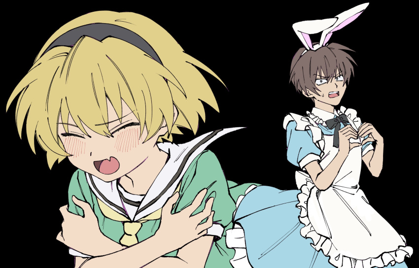 1boy, 1girl, alice_(alice_in_wonderland), alice_(alice_in_wonderland)_(cosplay), animal_ears, apron, black_background, black_bow