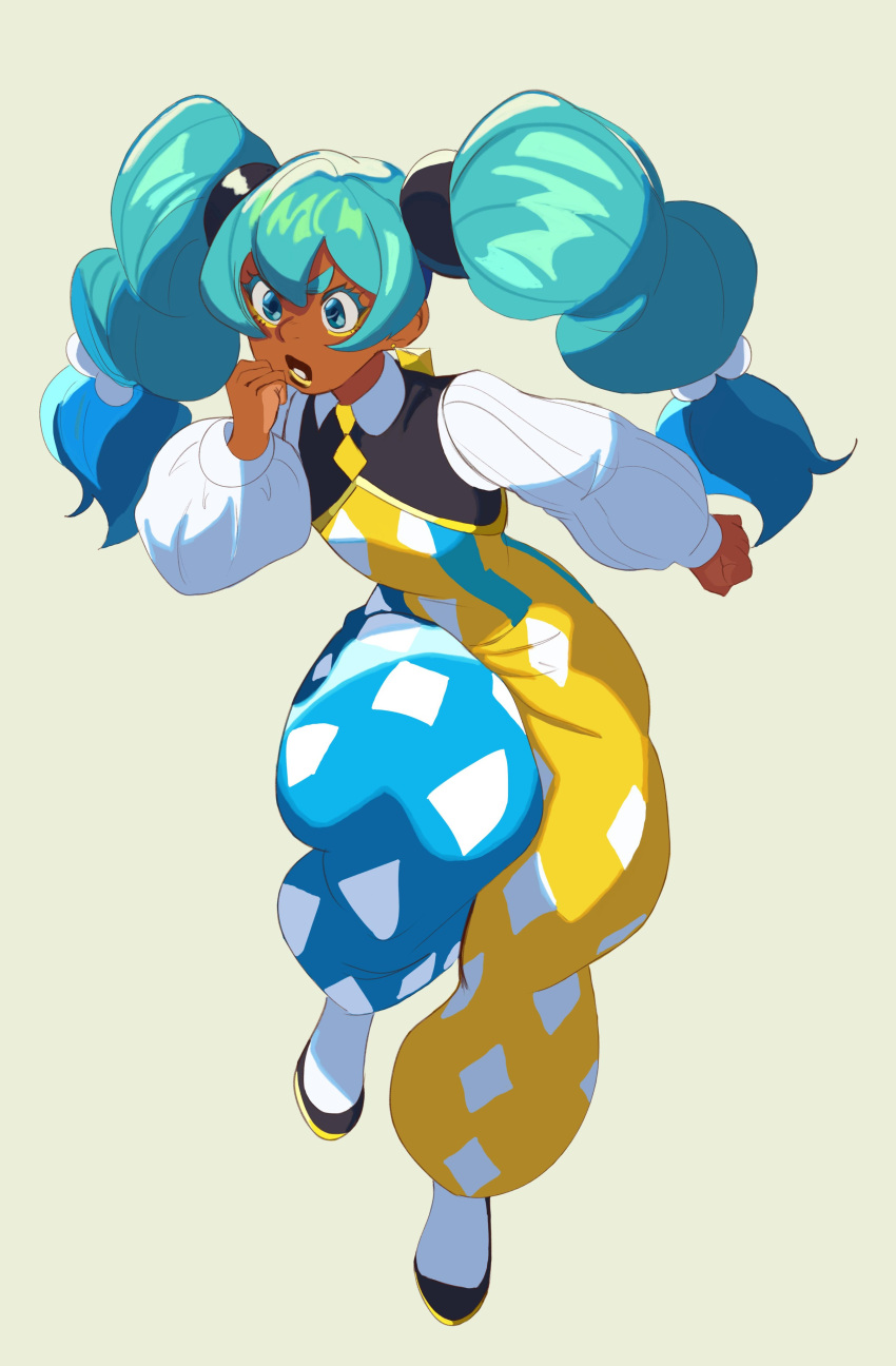 1girl, absurdres, alternate_costume, alternate_skin_color, aqua_hair, baggy_pants, blacktober, blue_hair