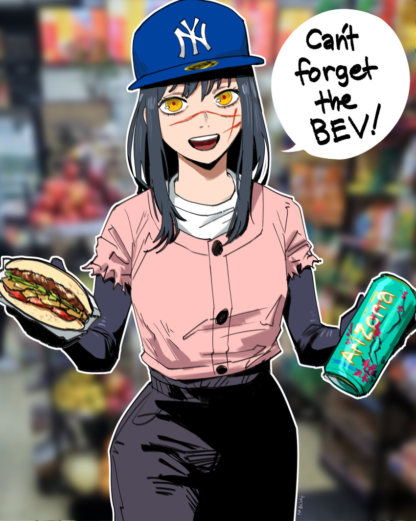 1girl, :d, absurdres, arizona_(drink), baseball_cap, black_hair, black_pants, can
