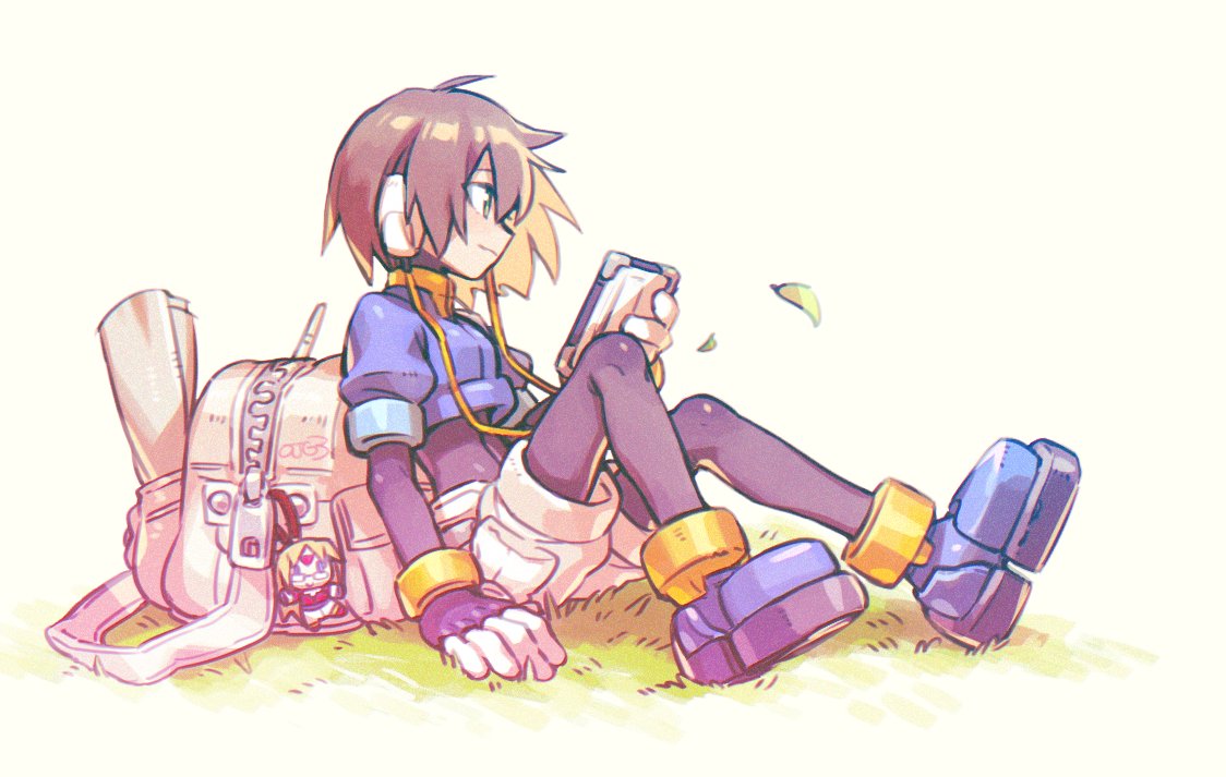 1girl, aile_(mega_man_zx), backpack, bag, black_bodysuit, blue_jacket, bodysuit, brown_hair