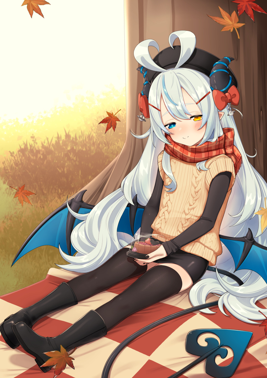 1girl, absurdres, akugaki_koa, antenna_hair, autumn, autumn_leaves, black_footwear, black_tail