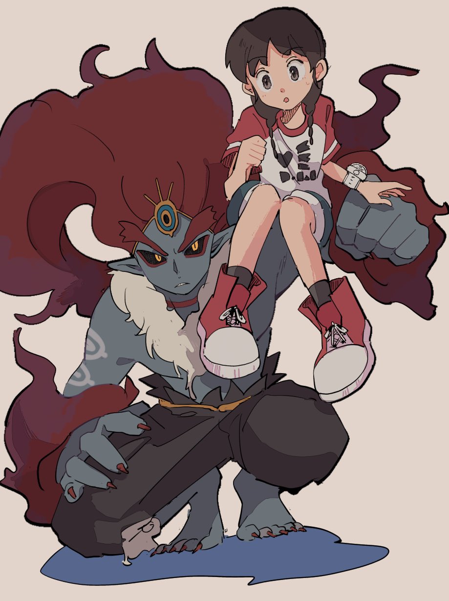 1boy, 1girl, :o, amano_natsume, arm_up, black_pants, black_sclera, braid