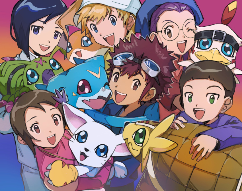 armadillo, armadimon, bird, blonde_hair, body_fur, brown_eyes, brown_hair, bug, cat, digimon, digimon_adventure_02, everyone, goggles, goggles_on_head, green_eyes, group_picture, hawkmon, head_wings, hida_iori, highres, ichijouji_ken, inoue_miyako, long_hair, motomiya_daisuke, open_mouth, patamon, purple_hair, screenshot_redraw, short_hair, smile, tailmon, takaishi_takeru, teeth, upper_teeth_only, v-mon, white_fur, wings, wormmon, yagami_hikari, yue_da02ren