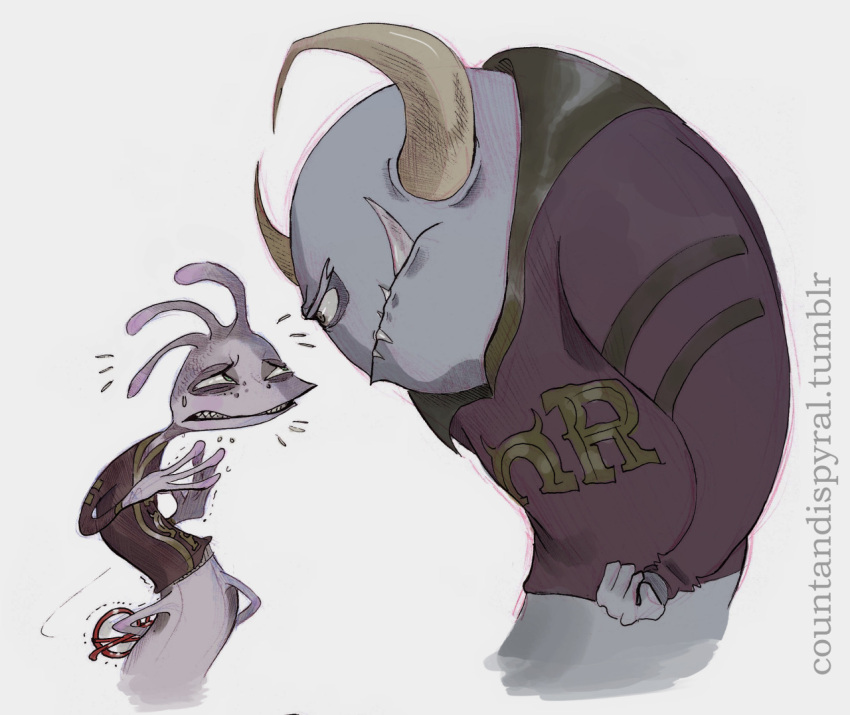 2boys, aged_down, arms_behind_back, clenched_hand, clothes_writing, countandispyral, disney, english_commentary, extra_arms, frown, holding, holding_removed_eyewear, horns, johnny_worthington, looking_at_another, male_focus, monster_boy, monsters_university, multiple_boys, nervous_sweating, own_hands_together, pixar, randall_boggs, red_sweater, scared, simple_background, size_difference, sweat, sweater, third-party_source, tumblr_username, tusks, unworn_eyewear, upper_body