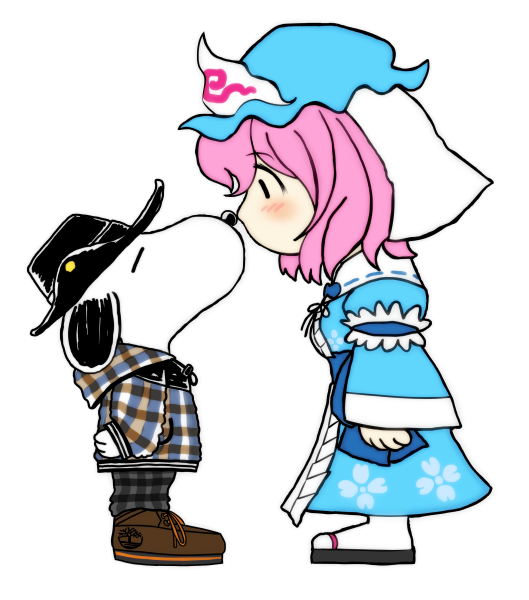 blush, charles_schulz_(style), crossover, ghost, hat, incipient_kiss, nose_touching, peanuts