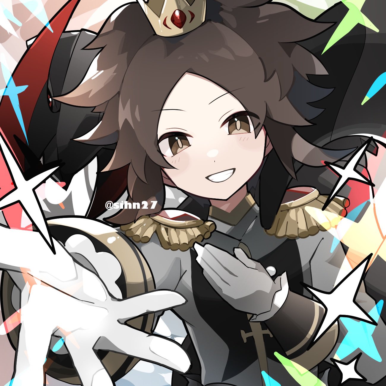 1boy, alternate_color, brown_eyes, brown_hair, clear_2758, crown, gem, gloves