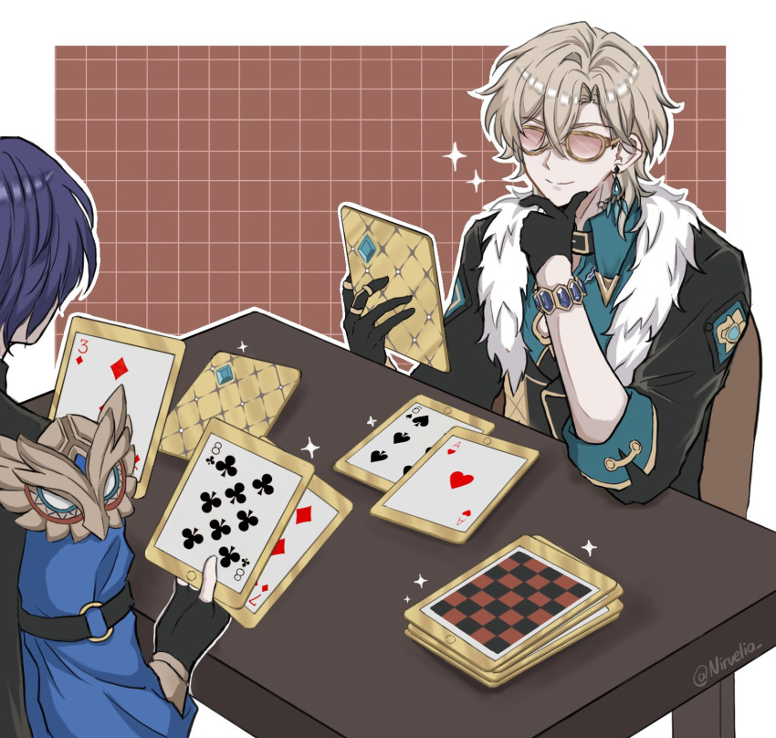 2boys, ace_(playing_card), ace_of_hearts, aqua_shirt, armor, artist_name, aventurine_(honkai:_star_rail), black_collar