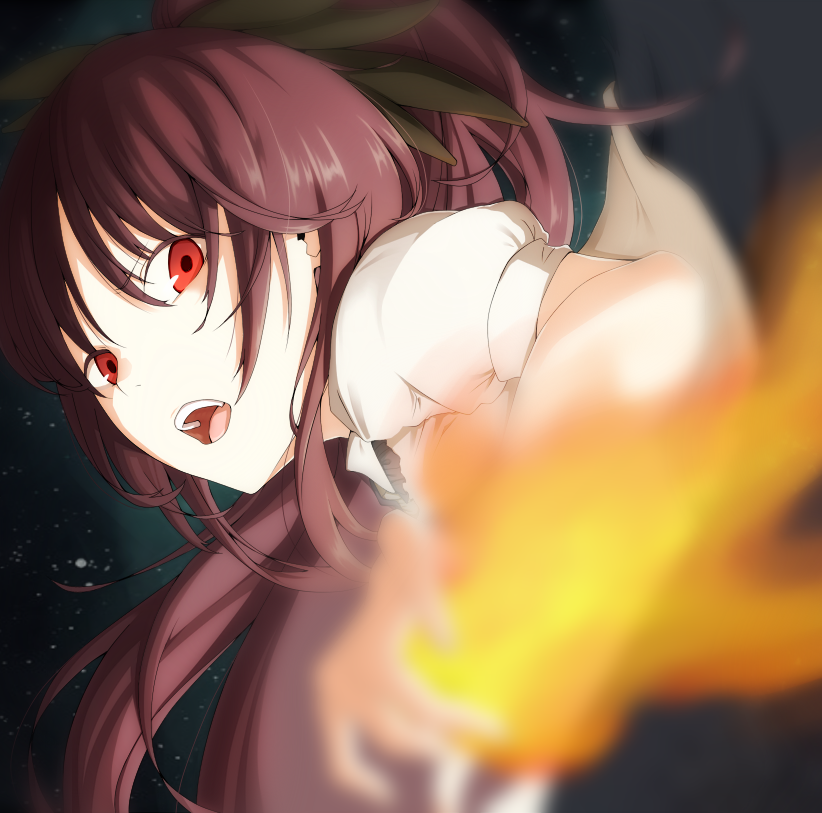 bad_id, blurry, bow, brown_hair, close-up, depth_of_field, face, fire