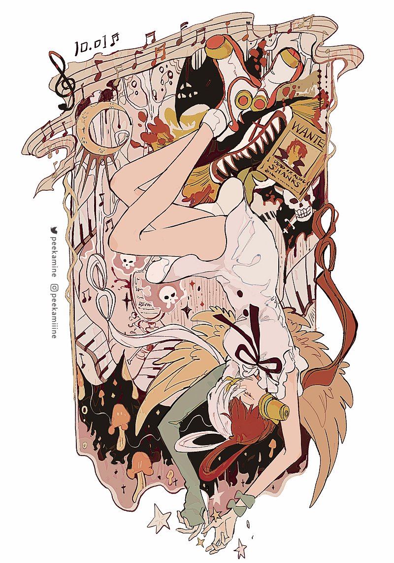 1girl, angel_wings, black_ribbon, boots, closed_eyes, closed_mouth, crescent, dress, hair_over_one_eye, hair_rings, headphones, instagram_username, jolly_roger, moon, multicolored_hair, mushroom, music, musical_note, one_piece, one_piece_film:_red, peekamine, redhead, ribbon, shanks_(one_piece), single_sleeve, solo, split-color_hair, star_(symbol), tot_musica, twitter_username, two-tone_hair, upside-down, uta_(one_piece), wanted_poster, white_dress, white_hair, wings