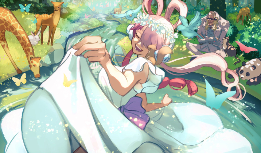 1boy, 1girl, animal, bald, bird, bow, bug, butterfly