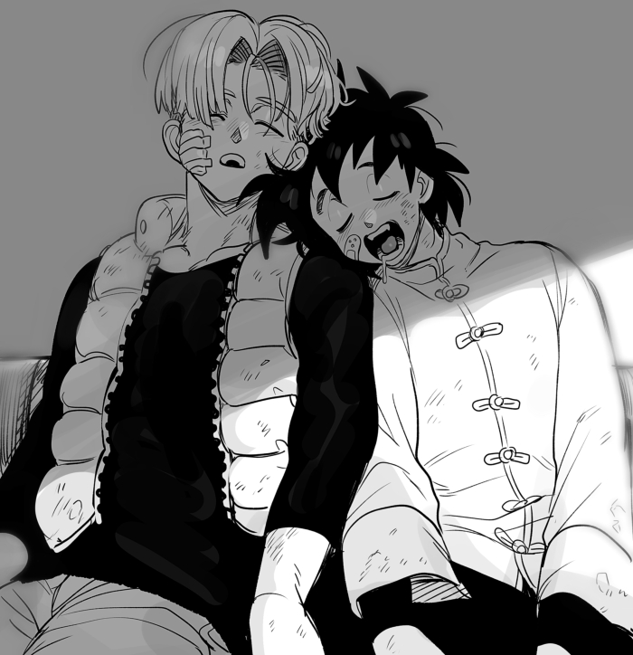 2boys, black_hair, chinese_clothes, closed_eyes, dragon_ball, dragon_ball_super, drooling, head_on_another's_shoulder, leaning_on_person, long_sleeves, monochrome, multiple_boys, nanika_(nnkgh), open_mouth, short_hair, side-by-side, sitting, sleeping, sleeping_on_person, sleeping_upright, son_goten, trunks_(dragon_ball)