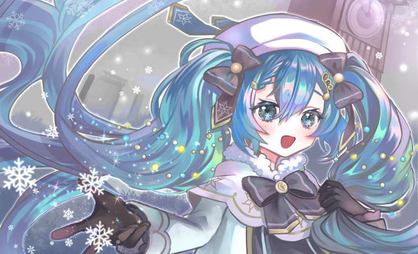 1girl, :d, aqua_eyes, aqua_hair, beret, black_bow, black_bowtie, black_gloves