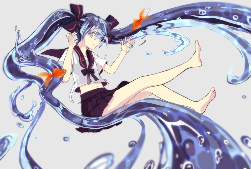 1girl, barefoot, black_bow, black_sailor_collar, black_skirt, blue_eyes, blue_hair, blurry, bottle_miku, bow, chisora_(chisora_ra), closed_mouth, depth_of_field, fish, full_body, goldfish, grey_background, hair_between_eyes, hair_bow, hatsune_miku, highres, liquid_hair, pleated_skirt, sailor_collar, school_uniform, serafuku, sitting, skirt, smile, solo, vocaloid, white_serafuku