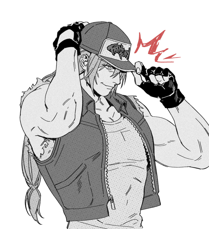 1boy, absurdres, adjusting_clothes, adjusting_headwear, arms_up, bare_shoulders, baseball_cap, closed_mouth