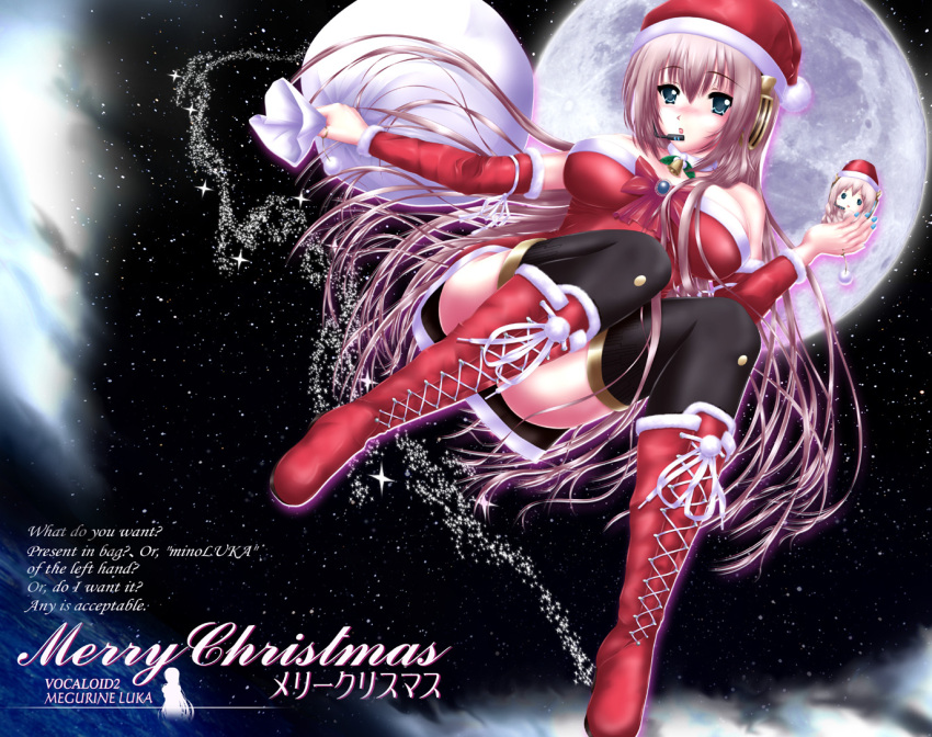 black_legwear, black_thighhighs, blush, boots, christmas, hat, long_hair, megurine_luka