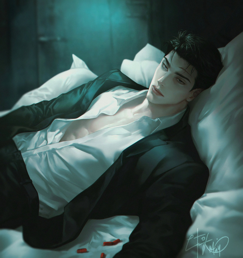 1boy, black_hair, black_jacket, black_suit, closed_mouth, collared_shirt, commentary_request, dawit3743, highres, jacket, jin_cheong-woo, korean_commentary, lying, male_focus, on_back, partially_unbuttoned, pill, scar, scar_on_face, shirt, short_hair, signature, solo, suit, under_the_greenlight, white_shirt