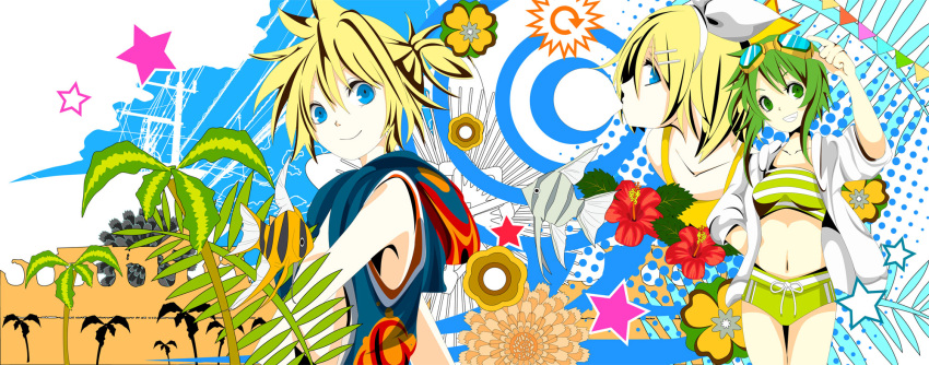 casual, fish, flower, gumi, hibiscus, highres, kagamine_len, kagamine_rin