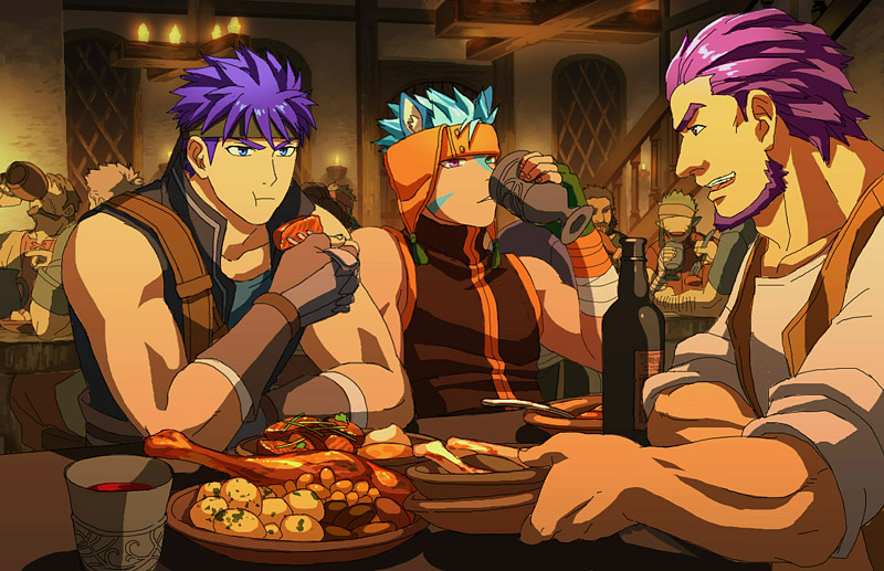 3boys, animal_ears, beard, blue_eyes, blue_hair, bottle, cat_boy, cat_ears, commentary_request, cup, donta30303, drinking, eating, elbows_on_table, facial_hair, fingerless_gloves, fire_emblem, fire_emblem:_radiant_dawn, food, fork, gloves, headband, heterochromia, holding, holding_cup, holding_fork, ike_(fire_emblem), laguz_(fire_emblem), largo_(fire_emblem), male_focus, multiple_boys, purple_hair, ranulf_(fire_emblem), sitting, upper_body, violet_eyes