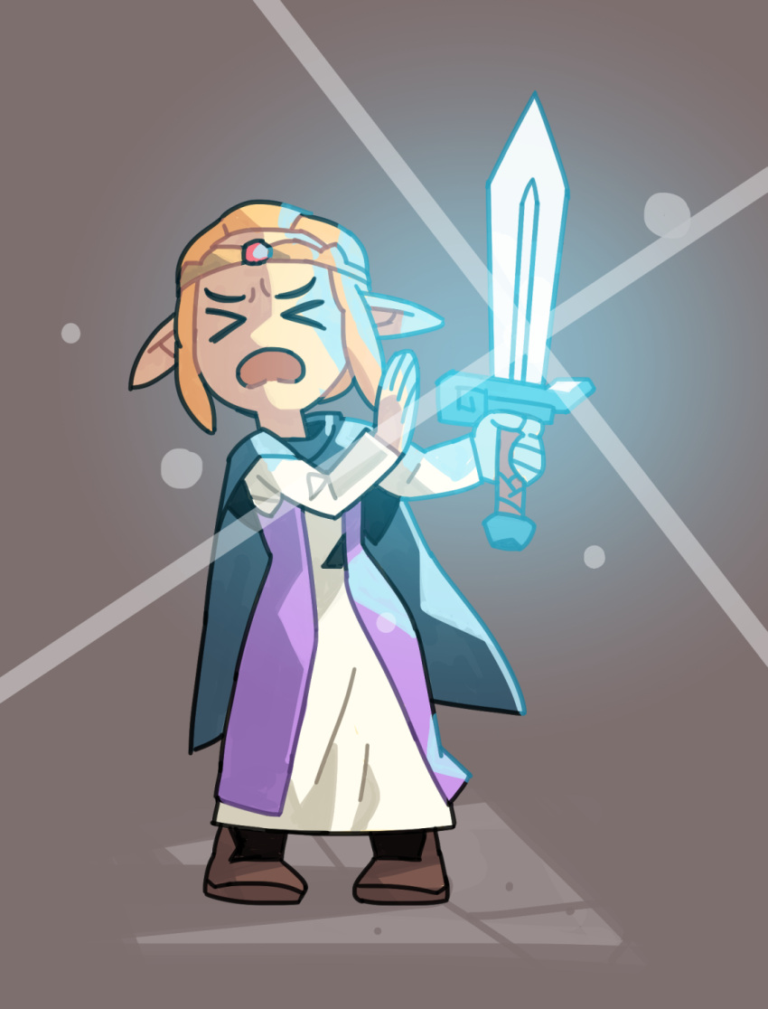 1girl, blonde_hair, chibi, cloak, closed_eyes, commentary, cpt_hamburger, dress