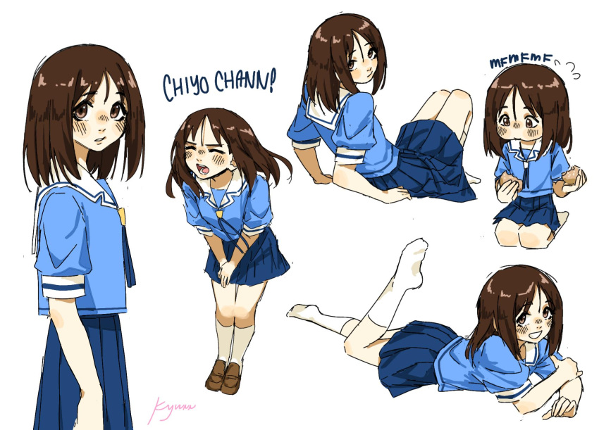 1girl, arms_at_sides, artist_name, azumanga_daioh, azumanga_daioh's_school_uniform, blue_ribbon, blue_serafuku, blue_shirt